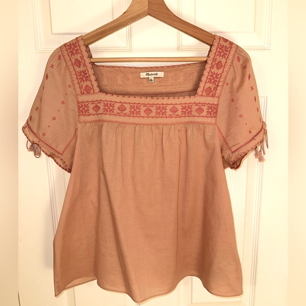 Madewell Pink Embroidered Tassel Sleeve Blouse EUC